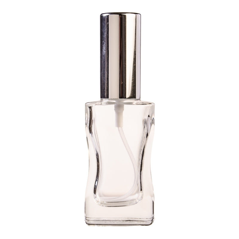 30ml Clear Glass Square Curved Perfume Bottle with Silver Spray & Silver Cap (18/410)