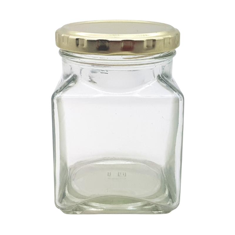 260ml Clear Square Glass Jar with Gold Metal Lid (63mm)