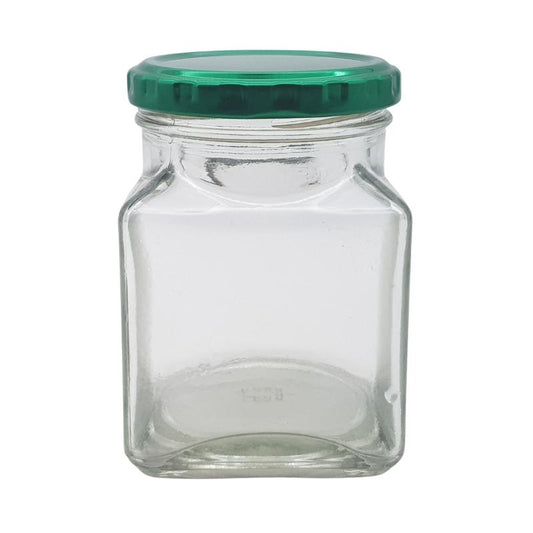 260ml Clear Square Glass Jar with Green Metal Lid (63mm)