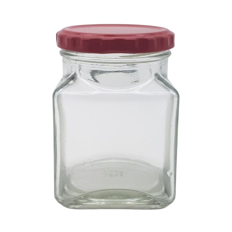 260ml Clear Square Glass Jar with Red Metal Lid (63mm)