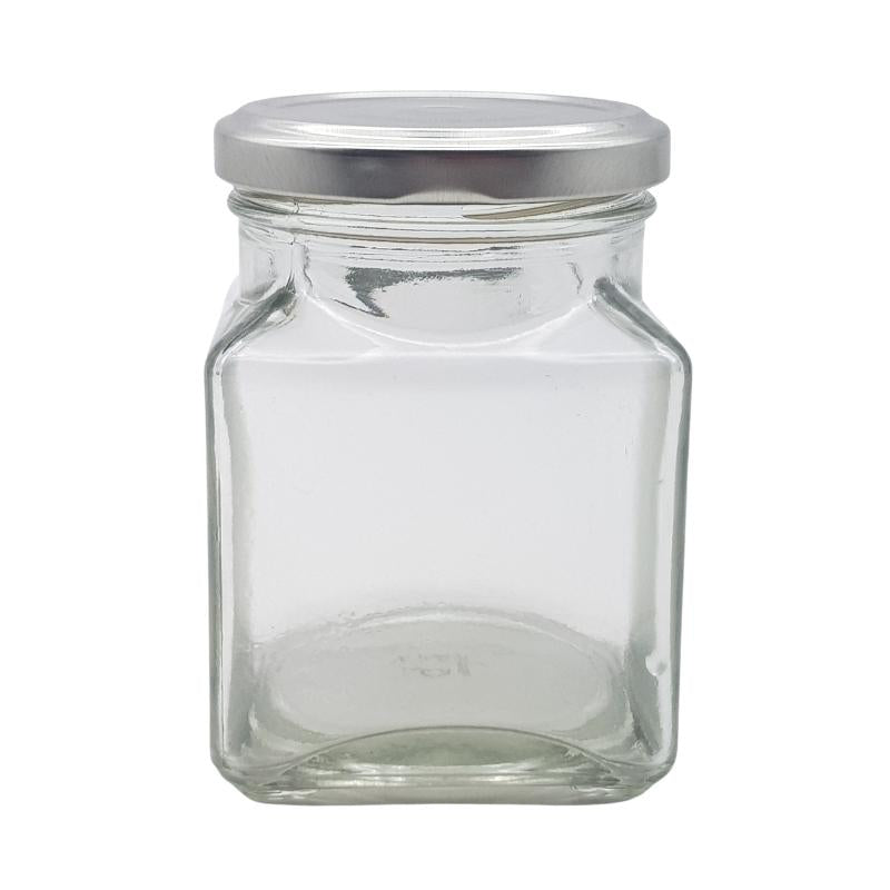 260ml Clear Square Glass Jar with Silver Metal Lid (63mm)