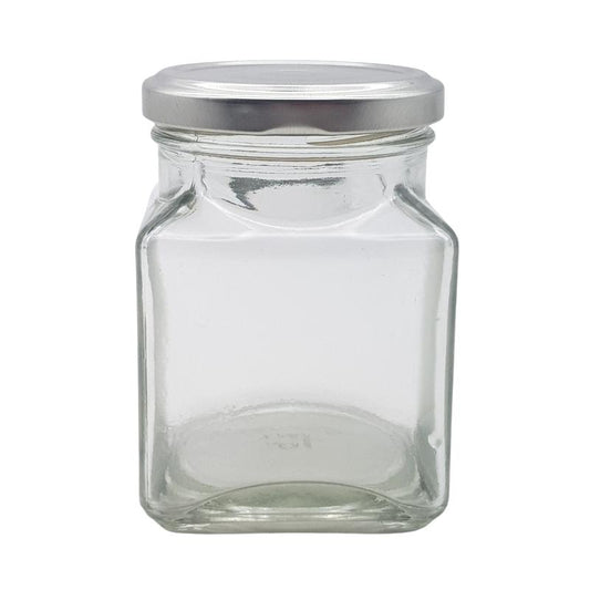 260ml Clear Square Glass Jar with Silver Metal Lid (63mm)