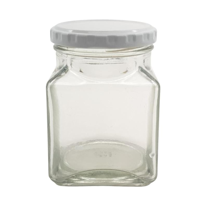260ml Clear Square Glass Jar with White Metal Lid (63mm)