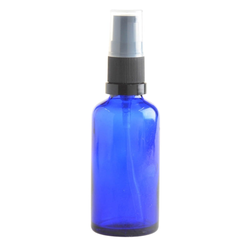 50ml Blue Glass Aromatherapy Bottle with Serum Pump - Black (18/410) - Essentially Natural