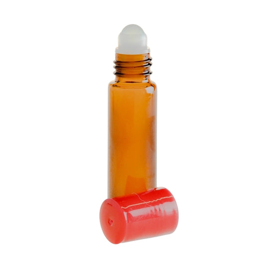 10ml Amber Glass Roll On Bottle with Red Cap & Glass Ball
