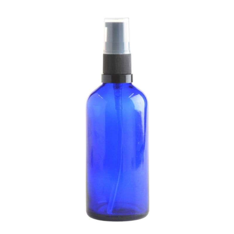 100ml Blue Glass Aromatherapy Bottle with Serum Pump - Black (18/410) - Essentially Natural