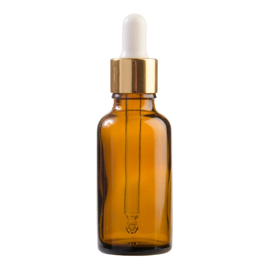 30ml Amber Glass Aromatherapy Bottle with Pipette - White & Gold Collar (18/78)