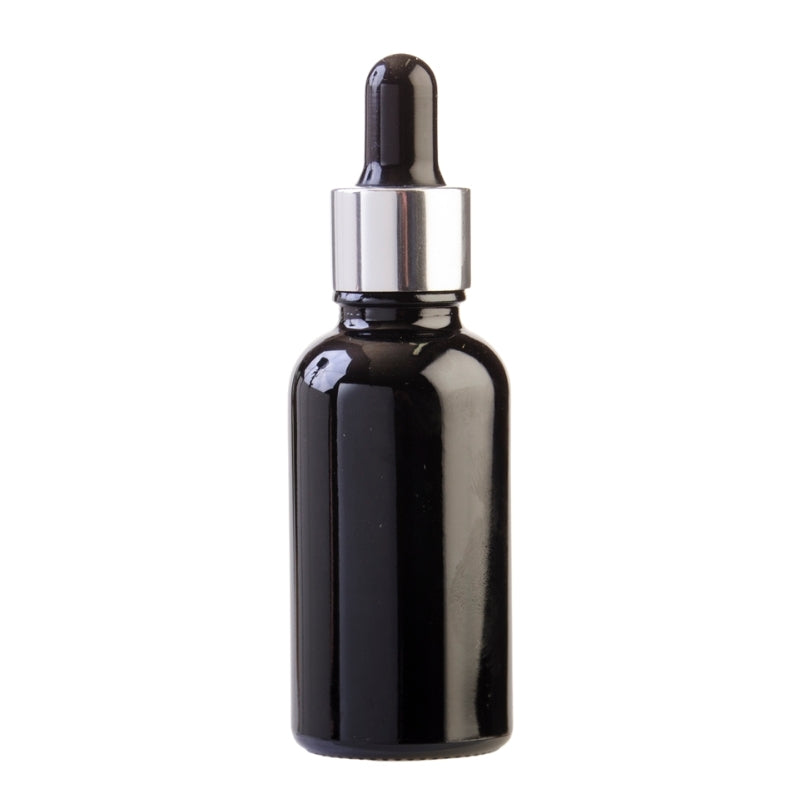 30ml Black Glass Aromatherapy Bottle With Pipette - Black & Silver Collar (18/78)