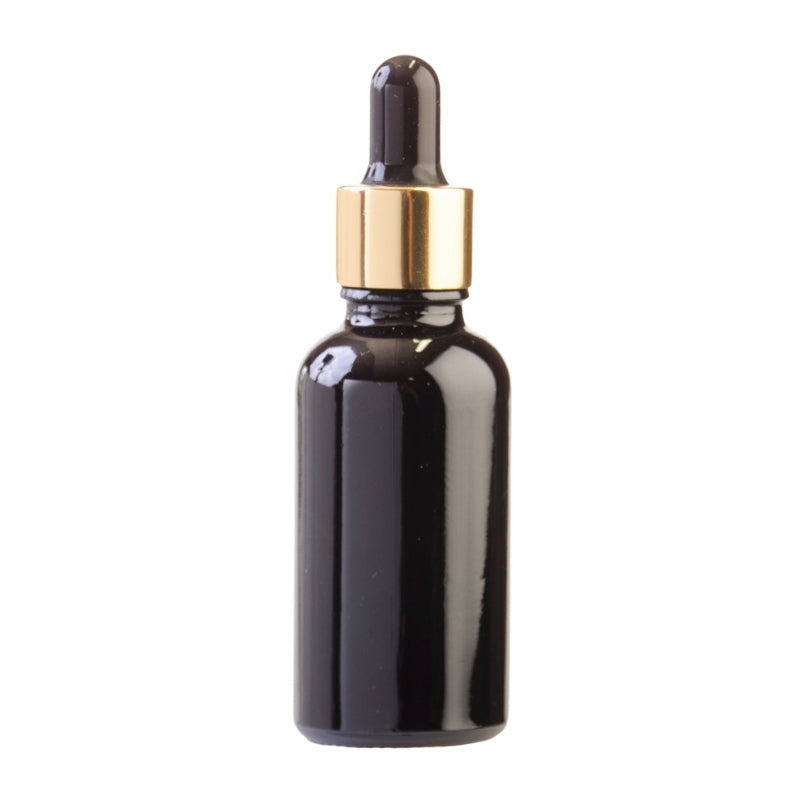 30ml Black Glass Aromatherapy Bottle with Pipette - Black & Gold Collar (18/78)
