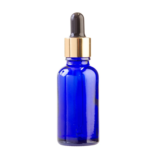 30ml Blue Glass Aromatherapy Bottle with Pipette - Black & Gold Collar (18/78)