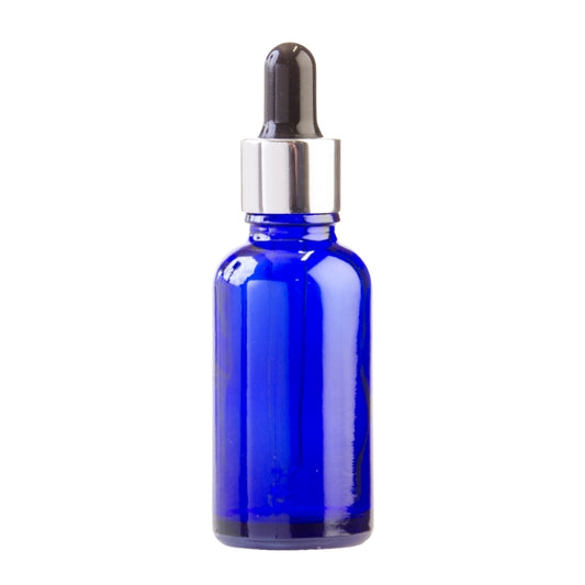 30ml Blue Glass Aromatherapy Bottle with Pipette - Black & Silver Collar (18/78)