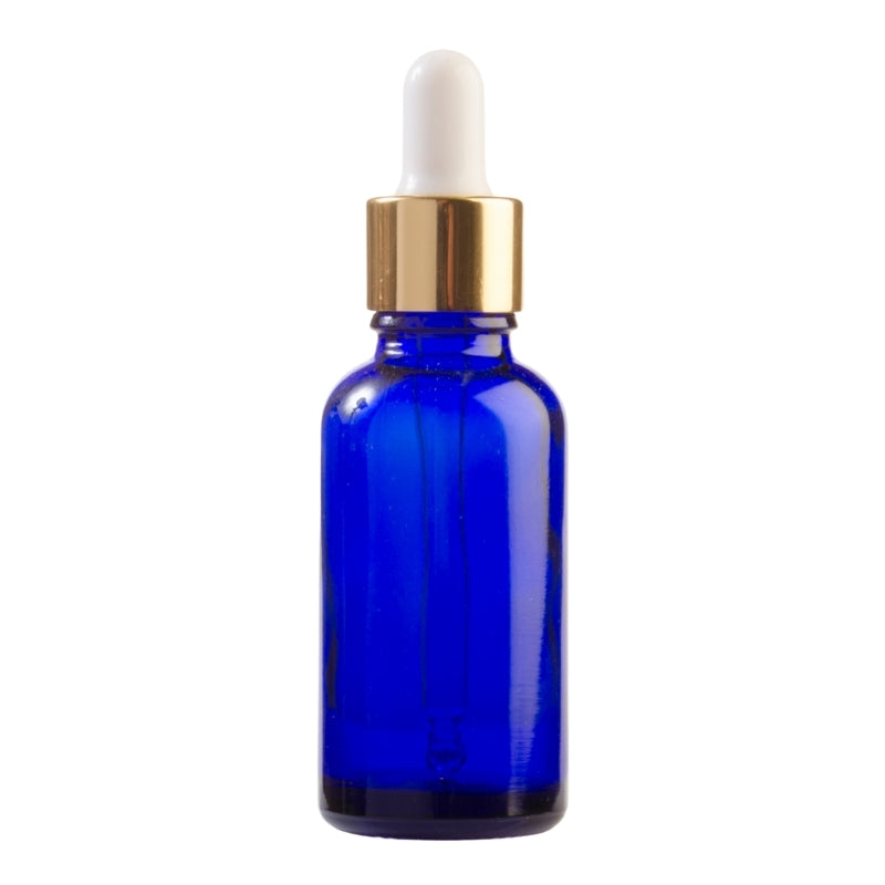 30ml Blue Glass Aromatherapy Bottle with Pipette - White & Gold Collar (18/78)