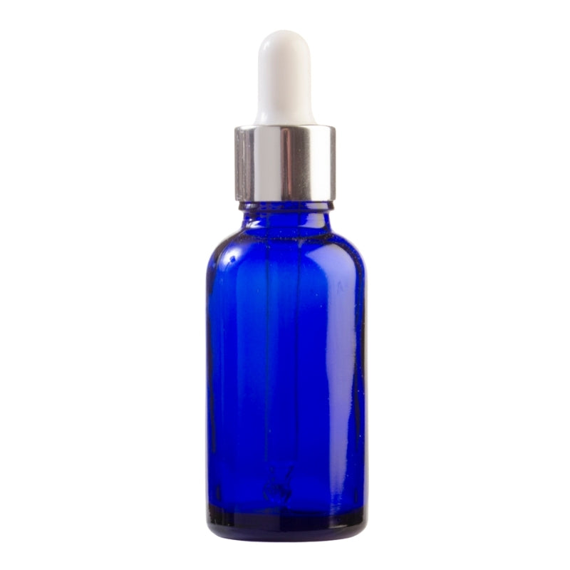 30ml Blue Glass Aromatherapy Bottle with Pipette - White & Silver Collar (18/78)