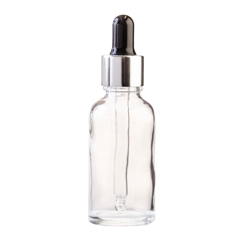 30ml Clear Glass Aromatherapy Bottle With Pipette - Black & Silver Collar (18/78)