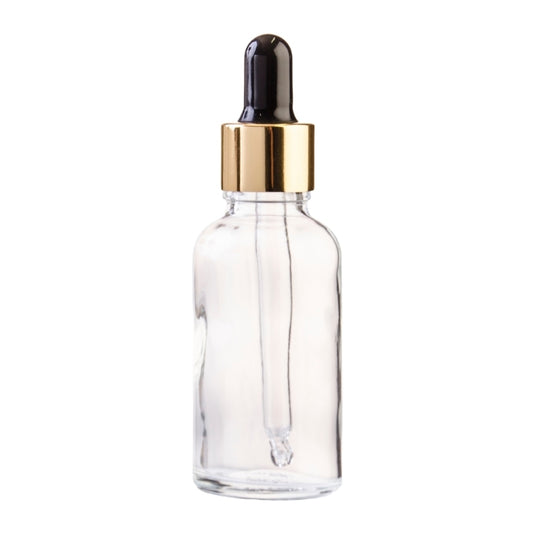 30ml Clear Glass Aromatherapy Bottle with Pipette - Black & Gold Collar (18/78)