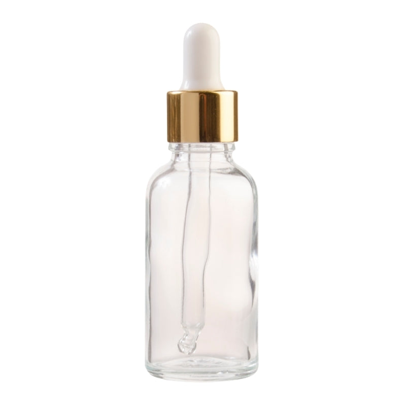 30ml Clear Glass Aromatherapy Bottle with Pipette - White & Gold Collar (18/78)