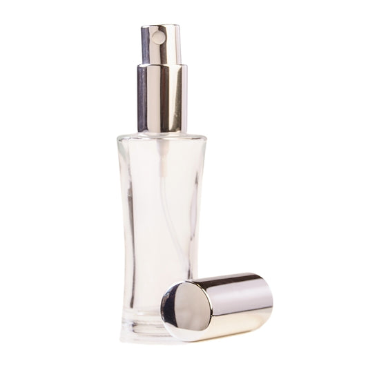 30ml Clear Glass Curved Perfume Bottle with Silver Spray & Silver Cap (18/410)