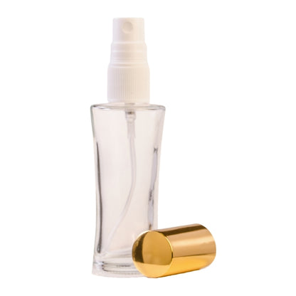 30ml Clear Glass Curved Perfume Bottle with White Spray & Gold Cap (18/410)