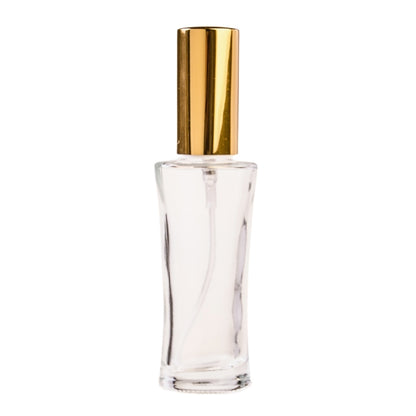 30ml Clear Glass Curved Perfume Bottle with White Spray & Gold Cap (18/410)