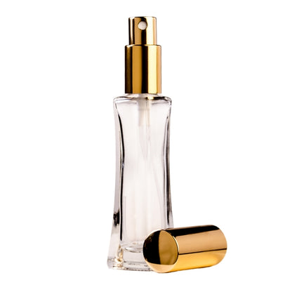 25ml Clear Glass Rectangle Base Curved Perfume Bottle with Gold Spray & Gold Cap (18/410)