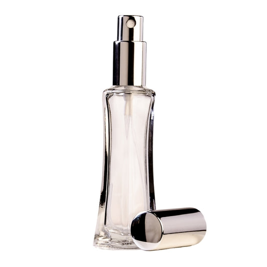 25ml Clear Glass Rectangle Base Curved Perfume Bottle with Silver Spray & Silver Cap (18/410)