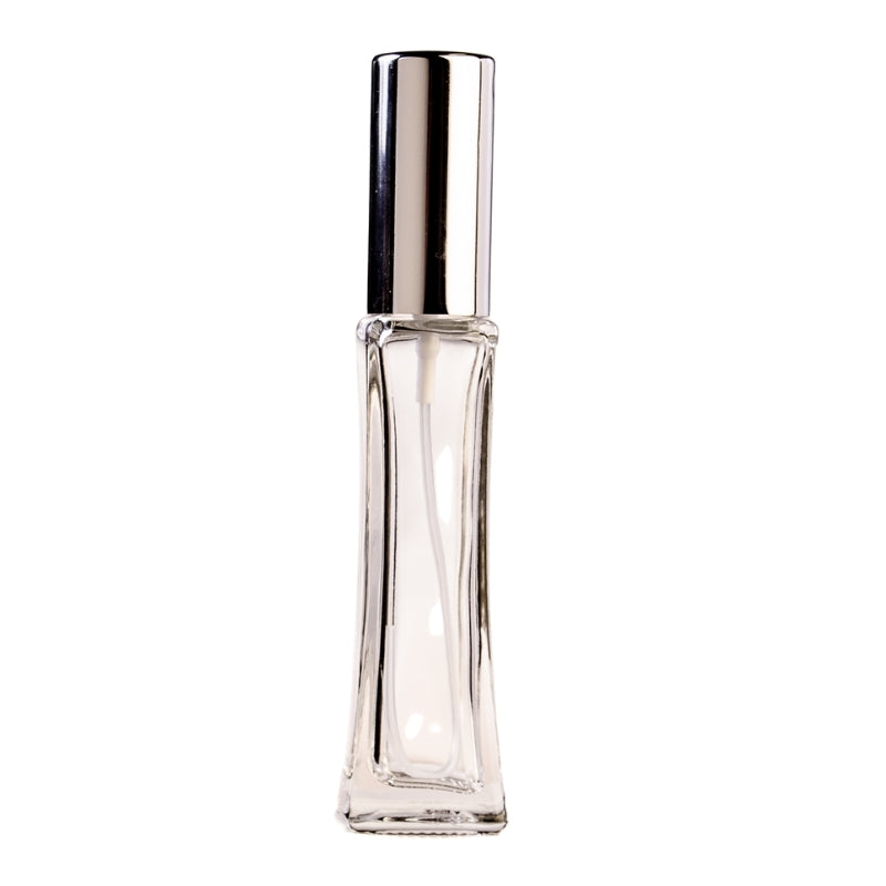 25ml Clear Glass Rectangle Base Curved Perfume Bottle with Silver Spray & Silver Cap (18/410)