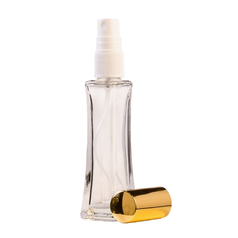 25ml Clear Glass Rectangle Base Curved Perfume Bottle with White Spray & Gold Cap (18/410)
