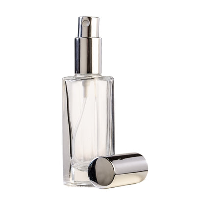 30ml Clear Glass Square Base Perfume Bottle with Silver Spray & Silver Cap (18/410)