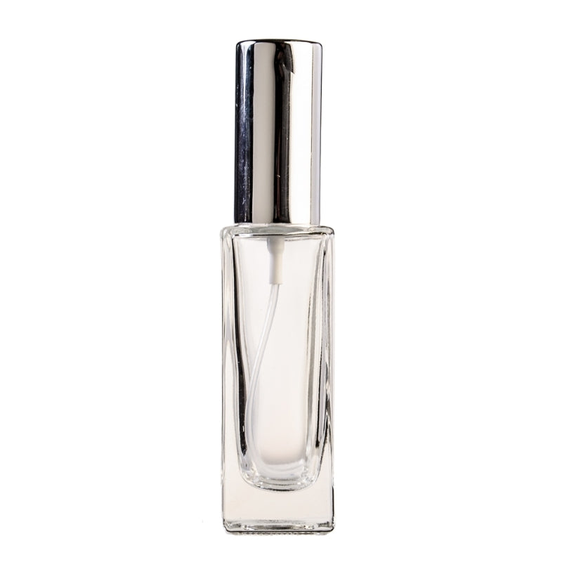 30ml Clear Glass Square Base Perfume Bottle with Silver Spray & Silver Cap (18/410)