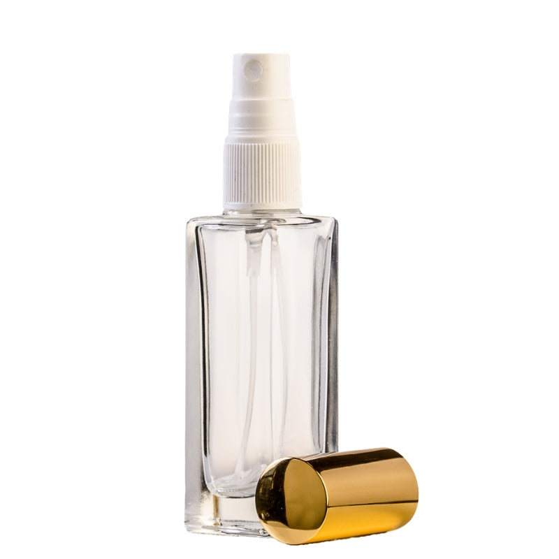 30ml Clear Glass Square Base Perfume Bottle with White Spray & Gold Cap (18/410)