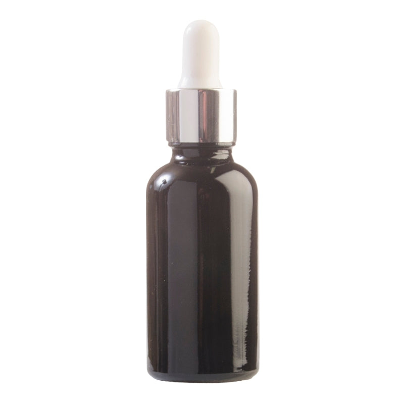 30ml Black Glass Aromatherapy Bottle With Pipette - White & Silver Collar (18/78)