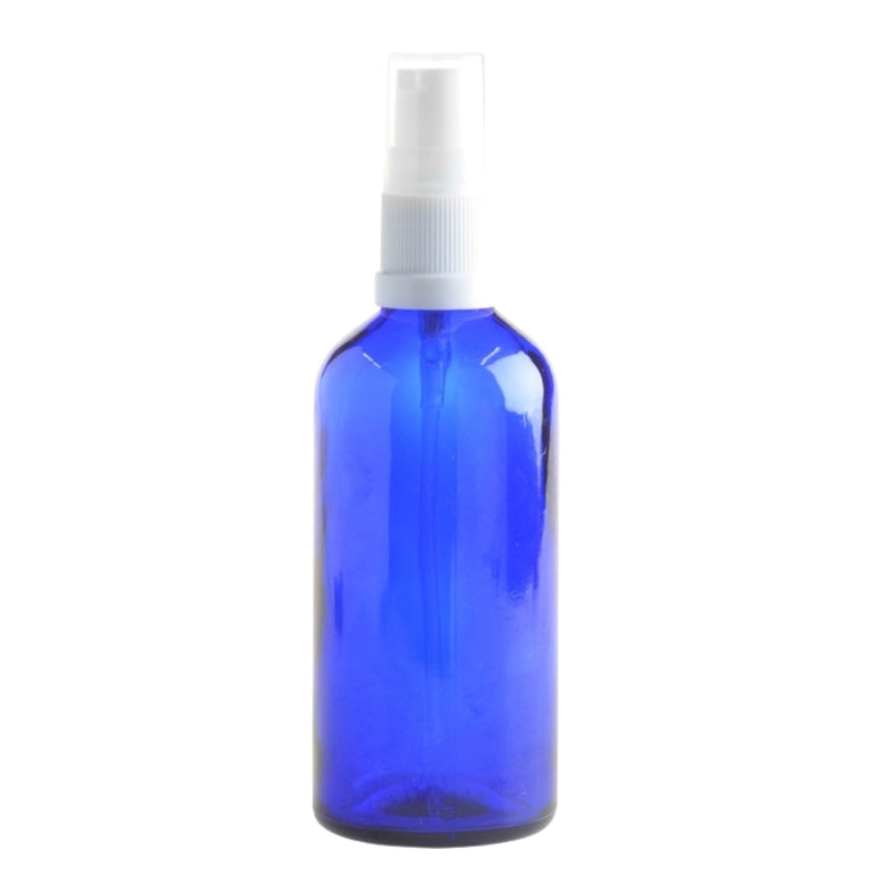 100ml Blue Glass Aromatherapy Bottle with Serum Pump - White (18/410) - Essentially Natural