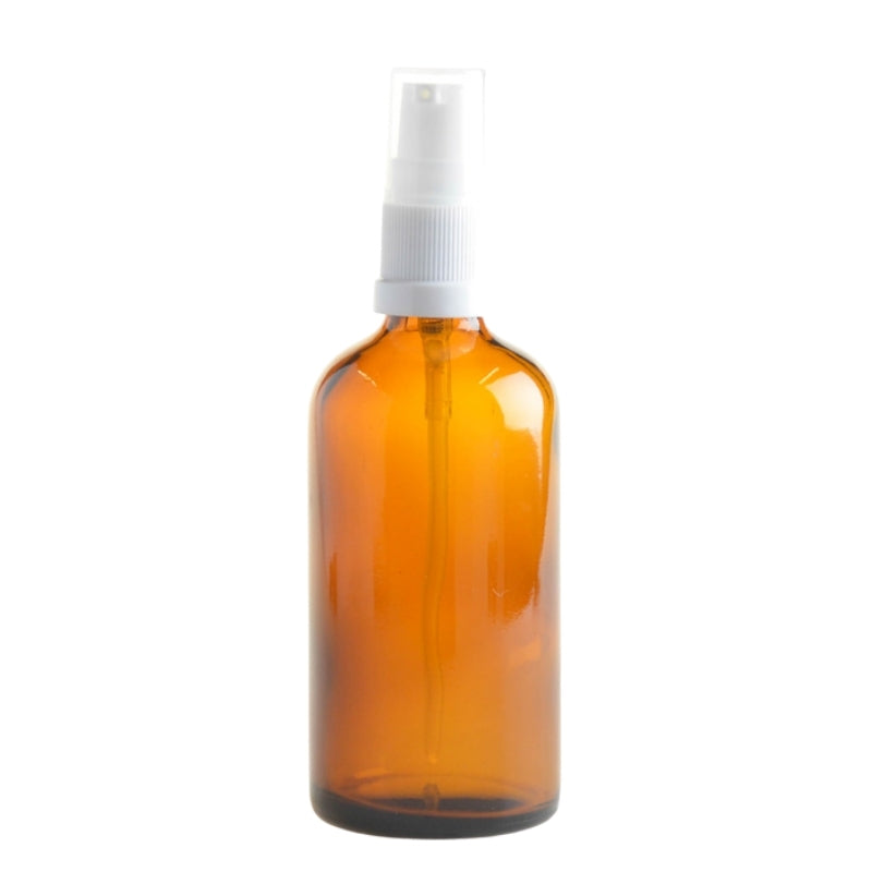 100ml Amber Glass Aromatherapy Bottle with Serum Pump - White (18/410) - Essentially Natural