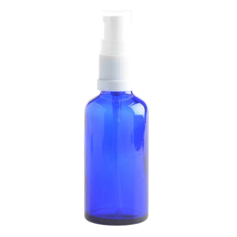 50ml Blue Glass Aromatherapy Bottle with Serum Pump - White (18/410) - Essentially Natural