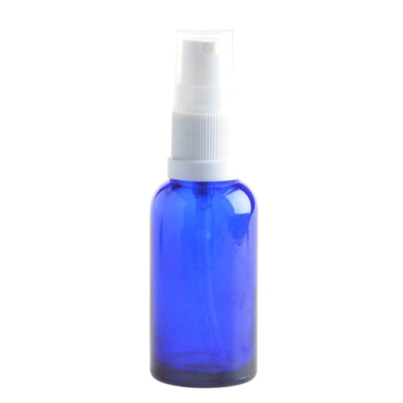 30ml Blue Glass Aromatherapy Bottle with Serum Pump - White (18/410) - Essentially Natural