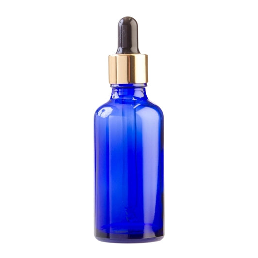 50ml Blue Glass Aromatherapy Bottle with Pipette - Black & Gold Collar (18/89)