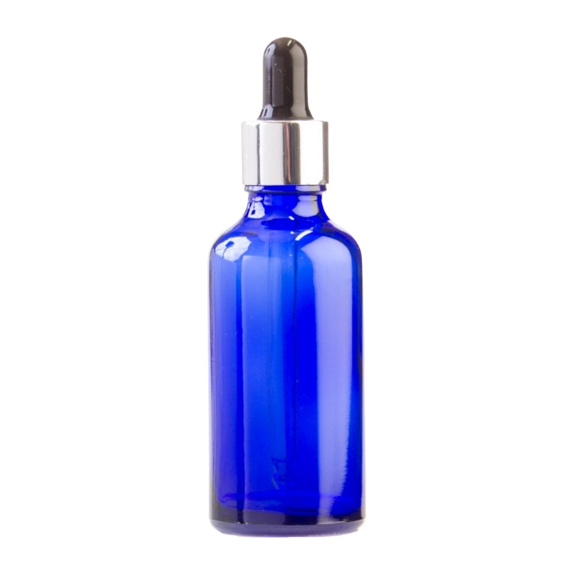 50ml Blue Glass Aromatherapy Bottle with Pipette - Black & Silver Collar (18/89)