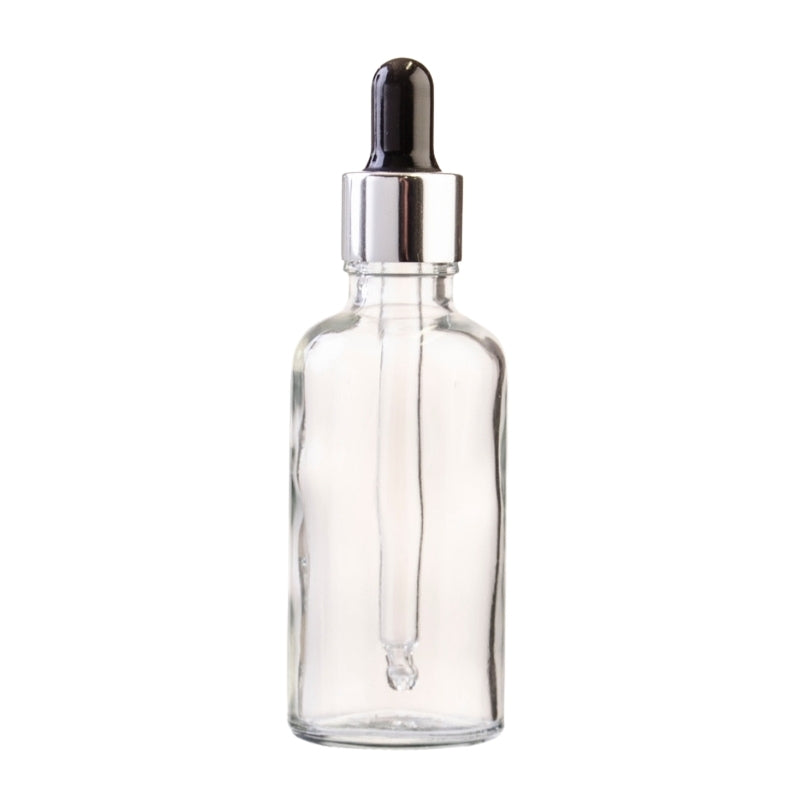 50ml Clear Glass Aromatherapy Bottle with Pipette - Black & Silver Collar (18/89)