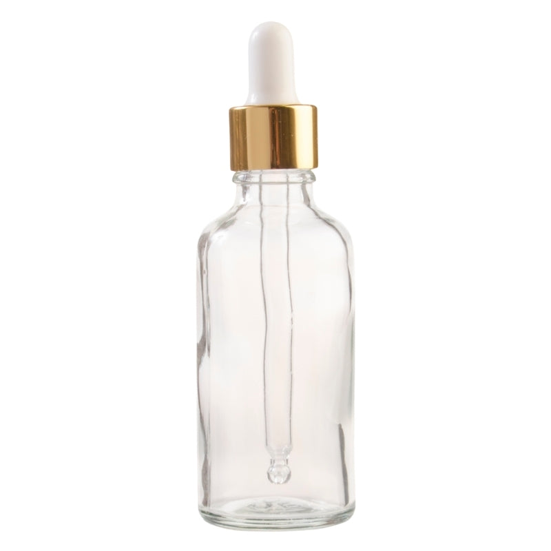 50ml Clear Glass Aromatherapy Bottle with Pipette - White & Gold Collar (18/89)
