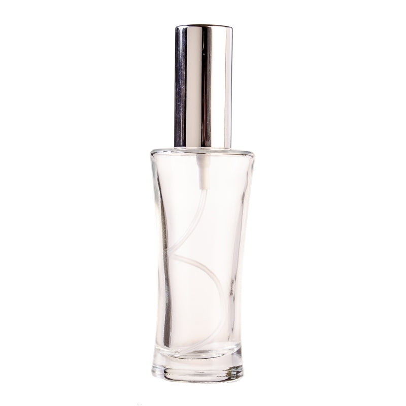 50ml Clear Glass Round Curved Perfume Bottle with Silver Spray & Silver Cap (18/410)
