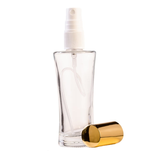 50ml Clear Glass Round Curved Perfume Bottle with White Spray & Gold Cap (18/410)