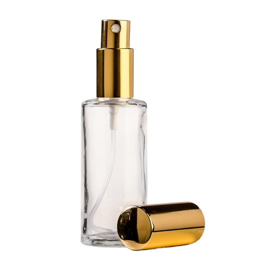 50ml Clear Glass Round Perfume Bottle with Gold Spray & Gold Cap (18/410)