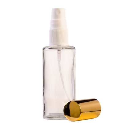 50ml Clear Glass Round Perfume Bottle with White Spray & Gold Cap (18/410)