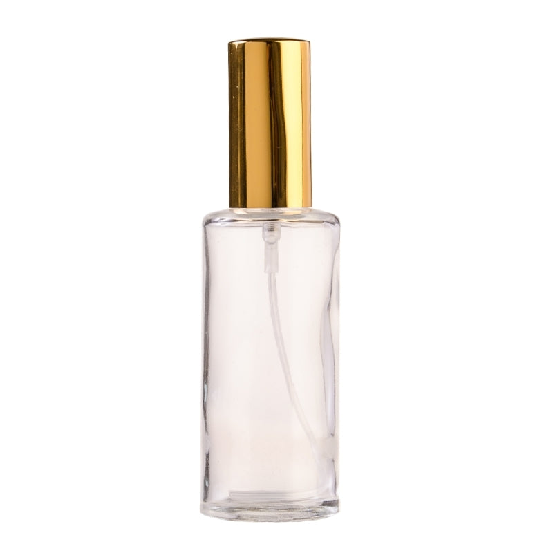 50ml Clear Glass Round Perfume Bottle with White Spray & Gold Cap (18/410)
