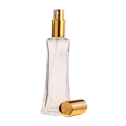 50ml Clear Glass Square Base Curved Perfume Bottle with Gold Spray & Gold Cap (18/410)