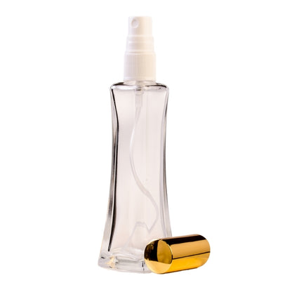 50ml Clear Glass Square Base Curved Perfume Bottle with White Spray & Gold Cap (18/410)