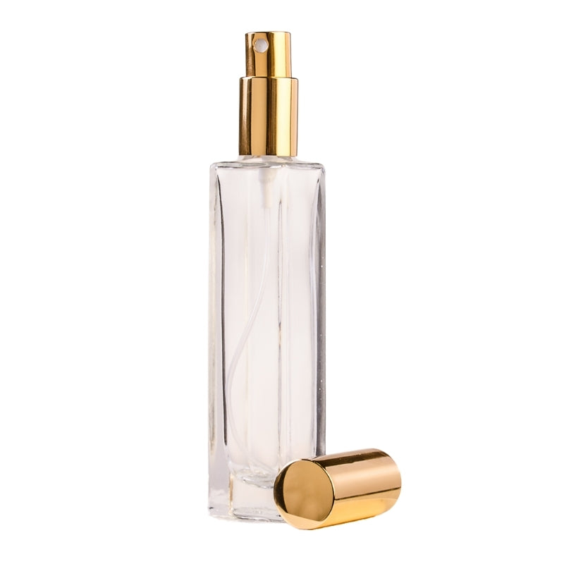 50ml Tall Clear Glass Square Base Perfume Bottle with Gold Spray & Gold Cap (18/410)