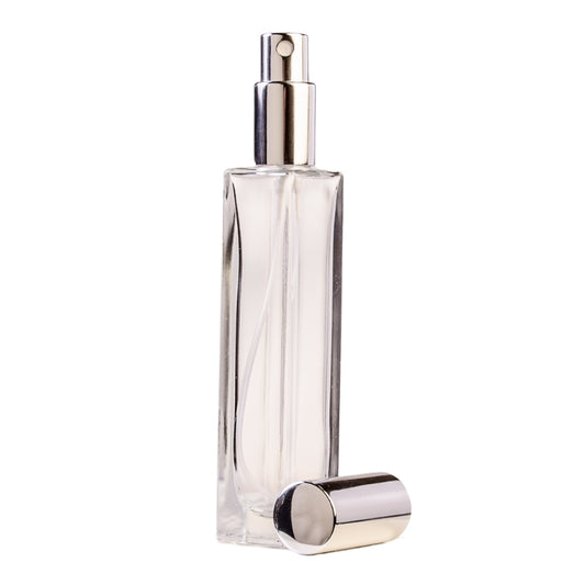 50ml Tall Clear Glass Square Base Perfume Bottle with Silver Spray & Silver Cap (18/410)