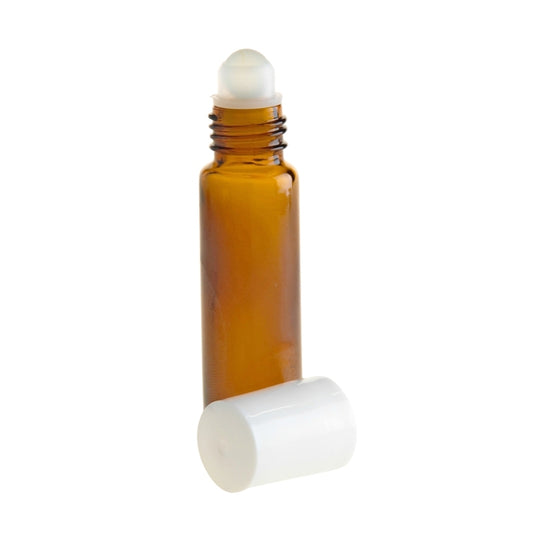 10ml Amber Glass Roll On Bottle with White Cap & Glass Ball