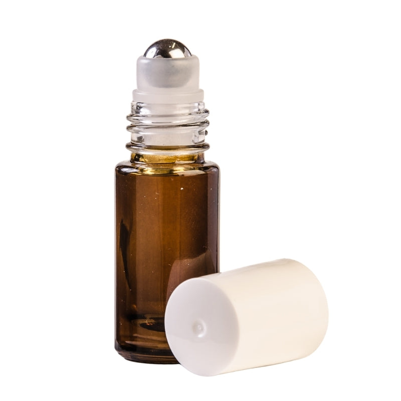 5ml Amberised Glass Roll On Bottle with White Cap & Metal Ball
